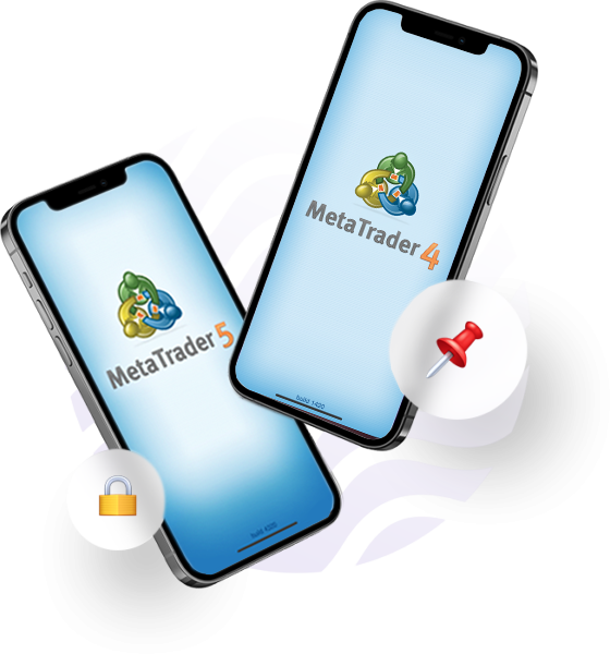 Two smartphones displaying the MetaTrader 5 and MetaTrader 4 apps, with icons of a lock and a pushpin.