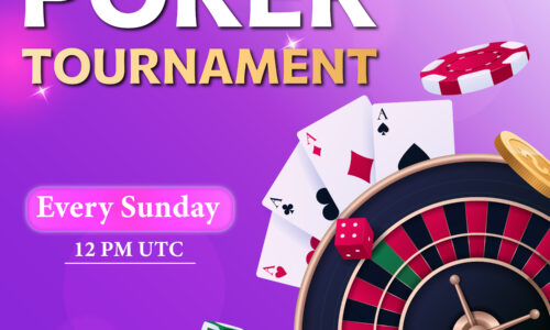 Poker Tournament announcement with a purple background featuring playing cards, poker chips, and roulette wheel. Text reads: 'Poker Tournament - Every Sunday, 12 PM UTC.' Includes Forexive logo and website (www.forexive.com) along with Instagram handle (@forexivecom).