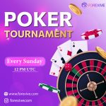 Poker Tournament announcement with a purple background featuring playing cards, poker chips, and roulette wheel. Text reads: 'Poker Tournament - Every Sunday, 12 PM UTC.' Includes Forexive logo and website (www.forexive.com) along with Instagram handle (@forexivecom).