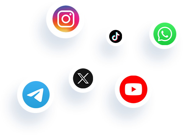 A picture with transparent background showing the icons of the social media platforms on it including YouTube, Instagram, TikTok, Twitter (X), Whatsapp, anf Telegram.