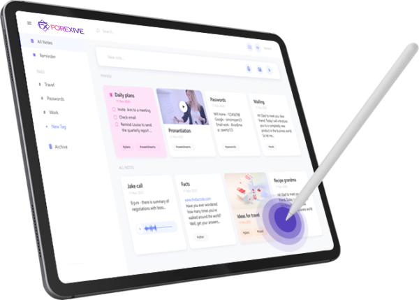 A tablet showing the Trading Dashboard of FOREXIVE having white and purple background and FOREXIVE Logo on it, where a white pen is being used as a touch instrument to navigate on the screen having a purple huge mark under it on the screen.