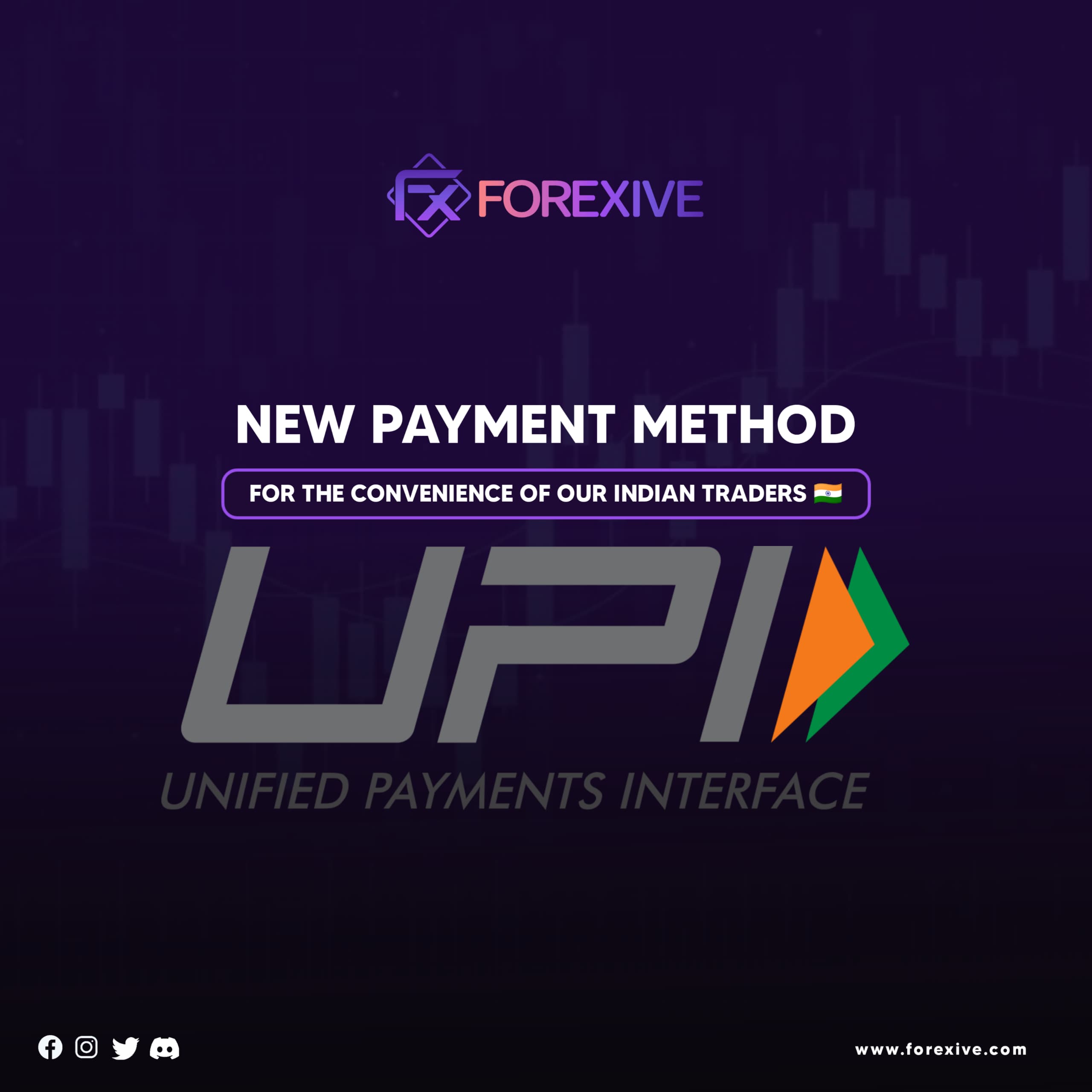 A post contsining FOREXIVE branding and UPI logo on it with text in white sating new payment method UPI with purple background