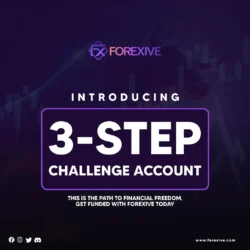 Text graphic promoting the "Forexive 3-Step Challenge Account" with the tagline: "This is your pathway to financial freedom. Take on the FOREXIVE 3-Step Challenge and get funded today.