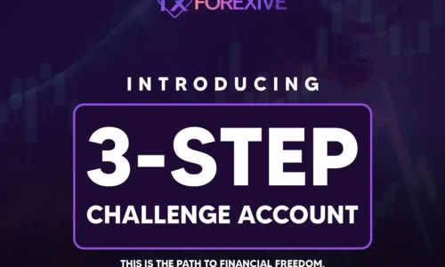Text graphic promoting the "Forexive 3-Step Challenge Account" with the tagline: "This is your pathway to financial freedom. Take on the FOREXIVE 3-Step Challenge and get funded today.