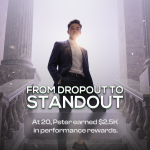 A boy named Peter standing on stairs with a purple background and a bright light like sun behind his neck with two pillars in the background. There is a logo of Forexive on the top of the post and a text written "From dropout to standout scaled"
