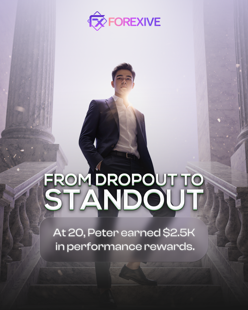 A boy named Peter standing on stairs with a purple background and a bright light like sun behind his neck with two pillars in the background. There is a logo of Forexive on the top of the post and a text written "From dropout to standout scaled"